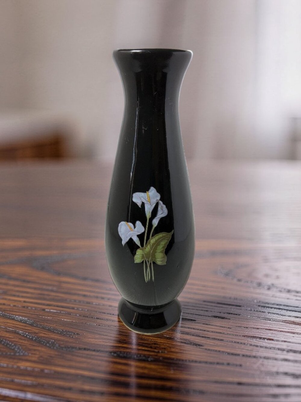 Vintage Black Porcelain Bud Vase Decorated Hand-Painted Calla Lilies